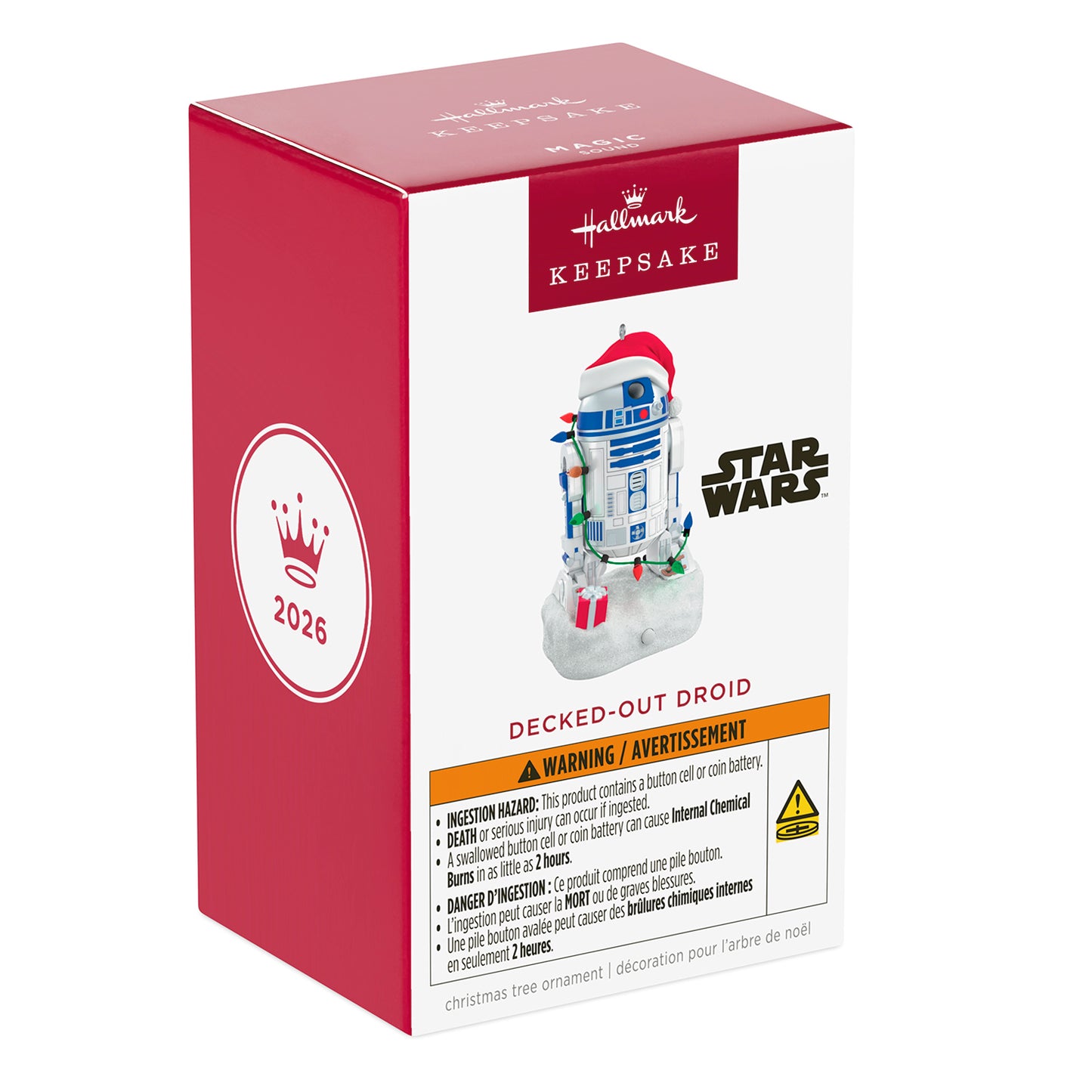 Star Wars™ Decked-Out Droid Musical — 2026 Hallmark Keepsake Christmas Ornament package with vibrant colours and warning details.