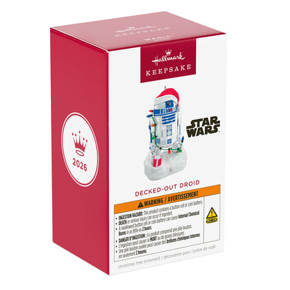 Star Wars™ Decked-Out Droid Musical — 2026 Hallmark Keepsake Christmas Ornament package with vibrant colours and warning details.