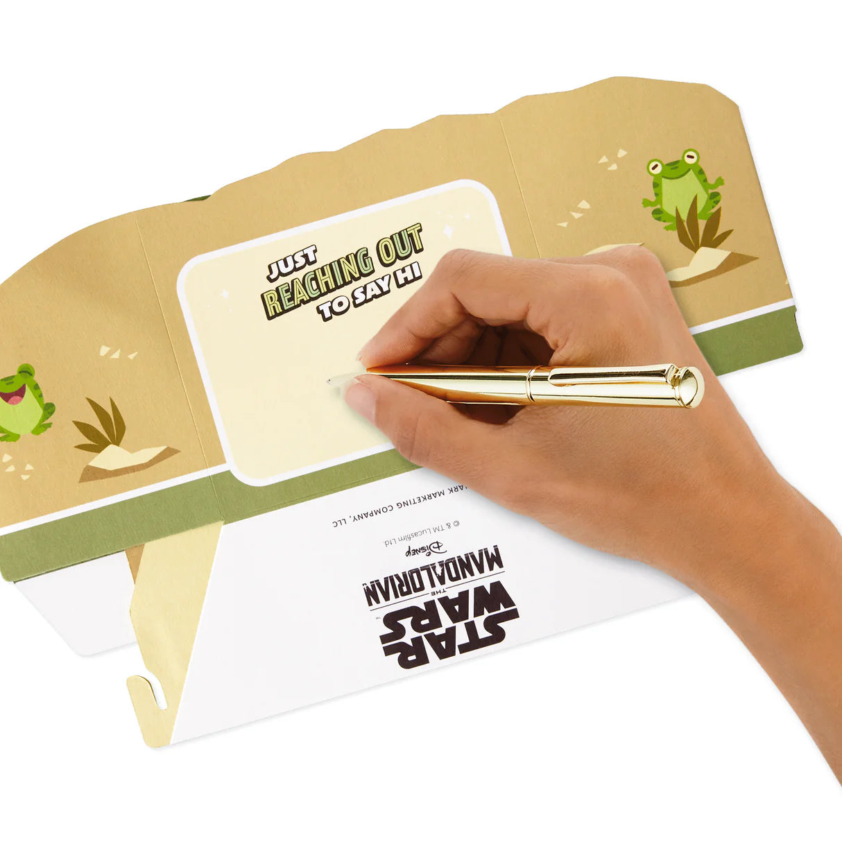Hallmark Paper Wonder Star Wars™ Baby Yoda Pop Up Father's Day Card, Birthday Card, or Any Occasion (Reaching Out) with handwritten message inside.