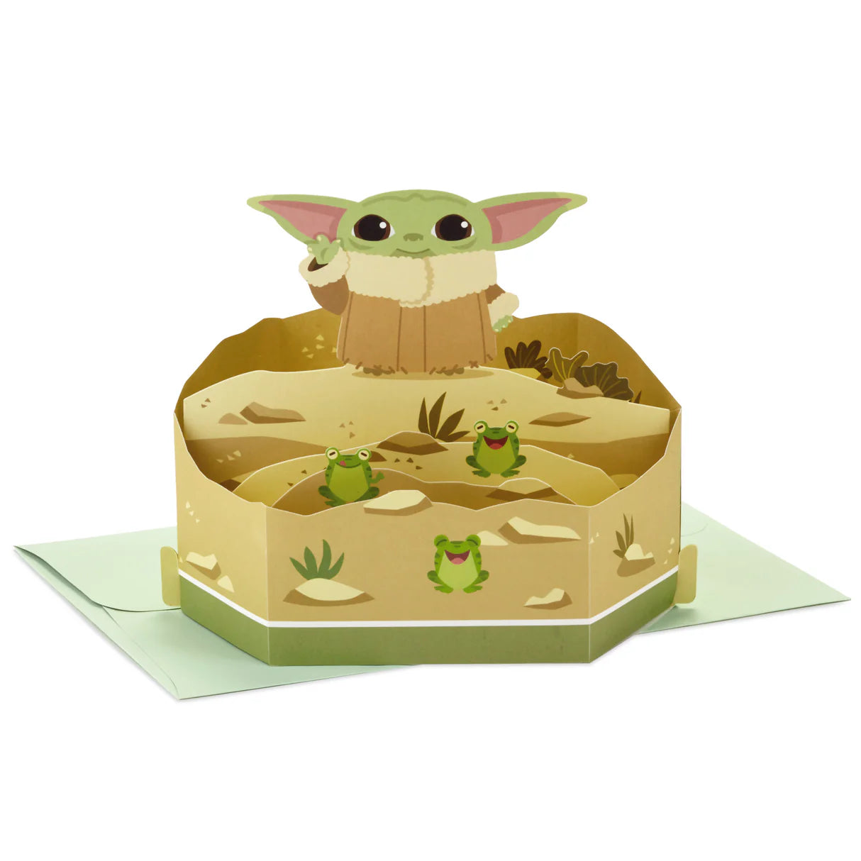 Hallmark Paper Wonder Star Wars™ Baby Yoda Pop Up Father's Day Card, Birthday Card, or Any Occasion (Reaching Out) with 3D design featuring Baby Yoda and frogs.