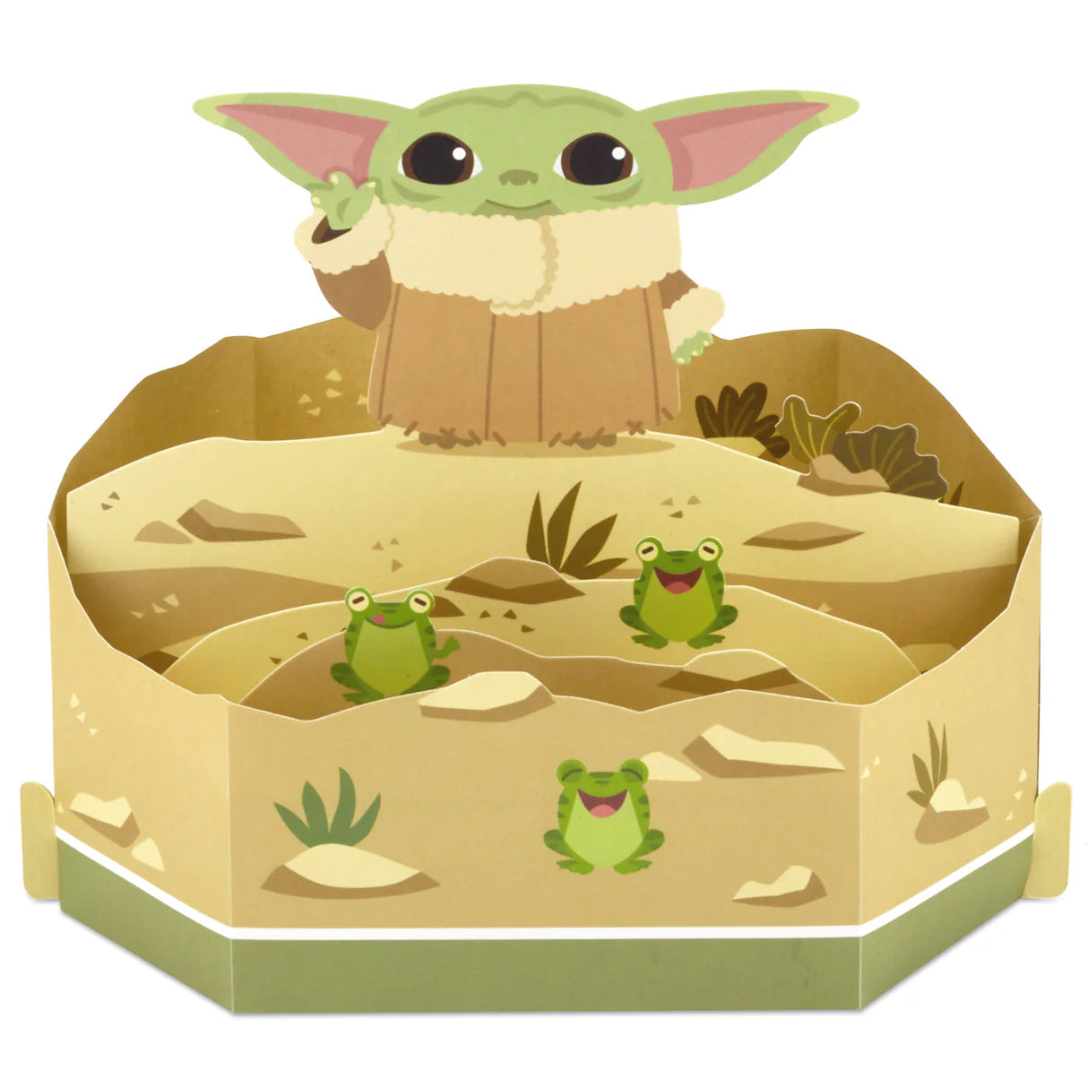 Hallmark Paper Wonder Star Wars™ Baby Yoda Pop Up Father's Day Card, Birthday Card, or Any Occasion (Reaching Out) with 3D diorama of Baby Yoda and frogs.