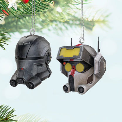 Star Wars™: The Bad Batch™ Echo™ and Tech™, Set of 2 (Miniature) — distinctive helmet ornaments hanging on a Christmas tree.