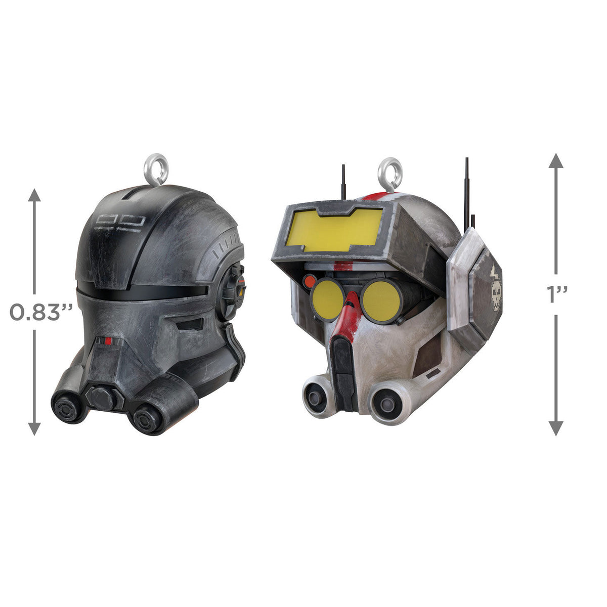Star Wars™: The Bad Batch™ Echo™ and Tech™, Set of 2 (miniature) — detailed view of decorative helmets with measurements.