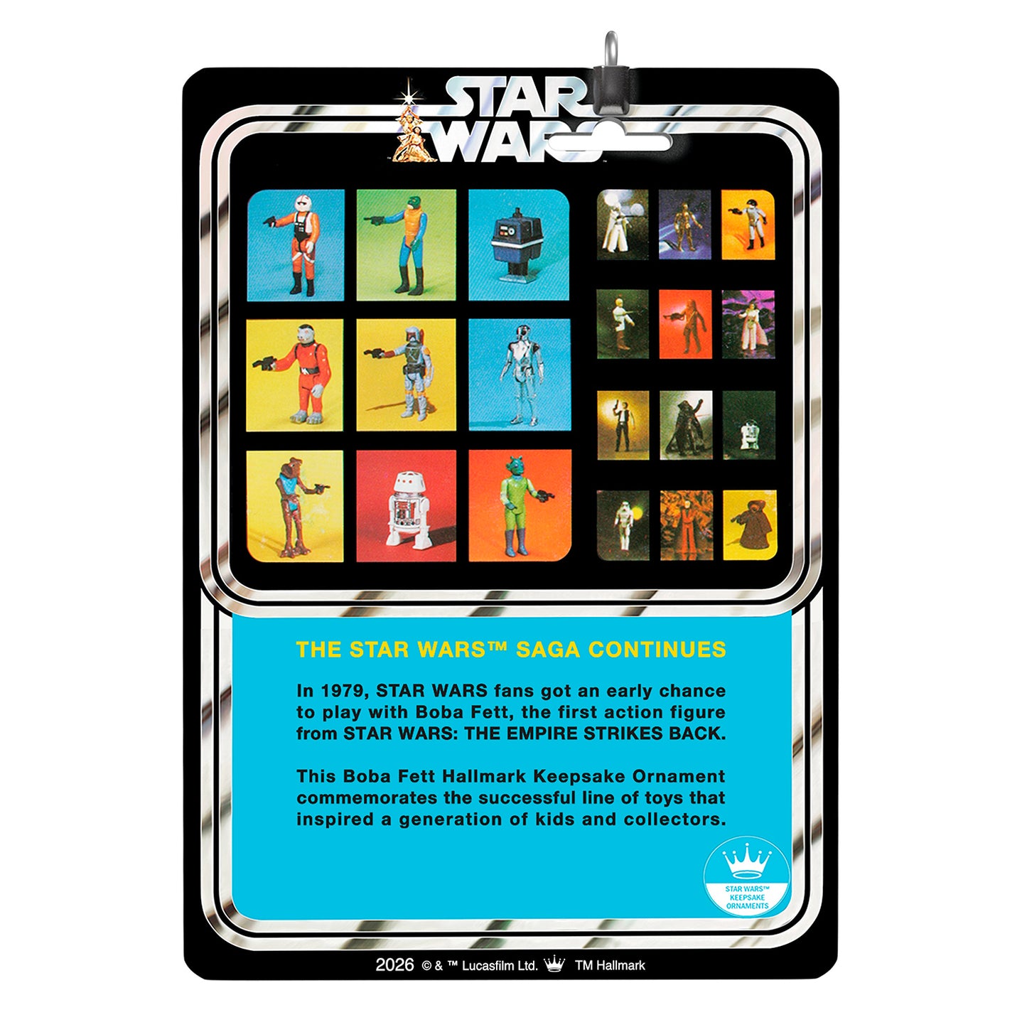 Star Wars™ Boba Fett™ Vintage Figure — 2026 Hallmark Keepsake Christmas Ornament packaging with colourful artwork and character illustrations.