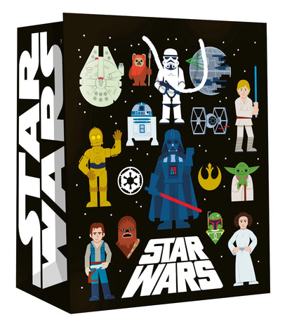 Hallmark Large Star Wars™ Gift Bag featuring iconic characters on a black background, angled view with detailed illustrations.