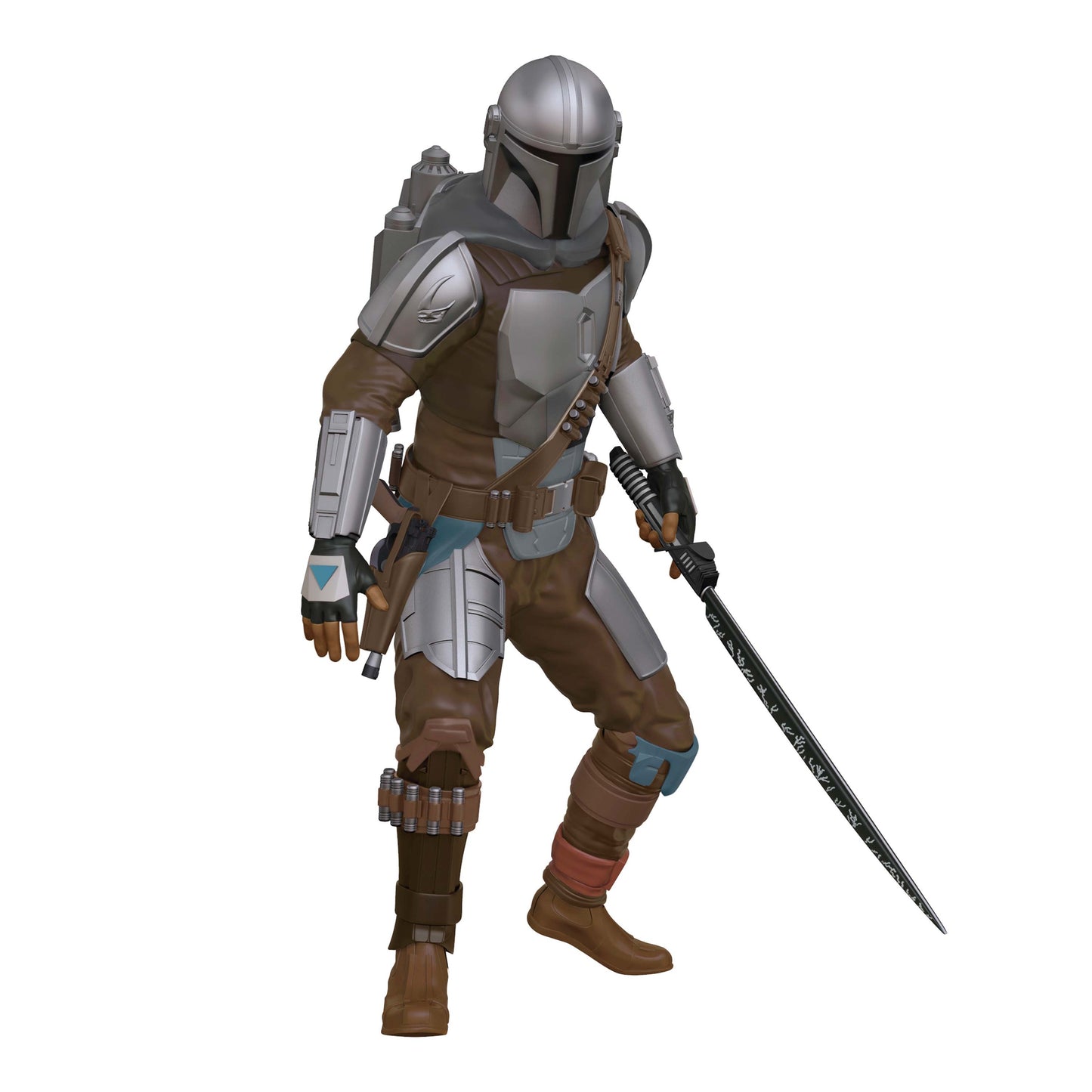Star Wars™: The Mandalorian™ Wielding the Darksaber™ — Hallmark Keepsake Christmas Ornament in angled view, featuring Din Djarin with lightsaber.