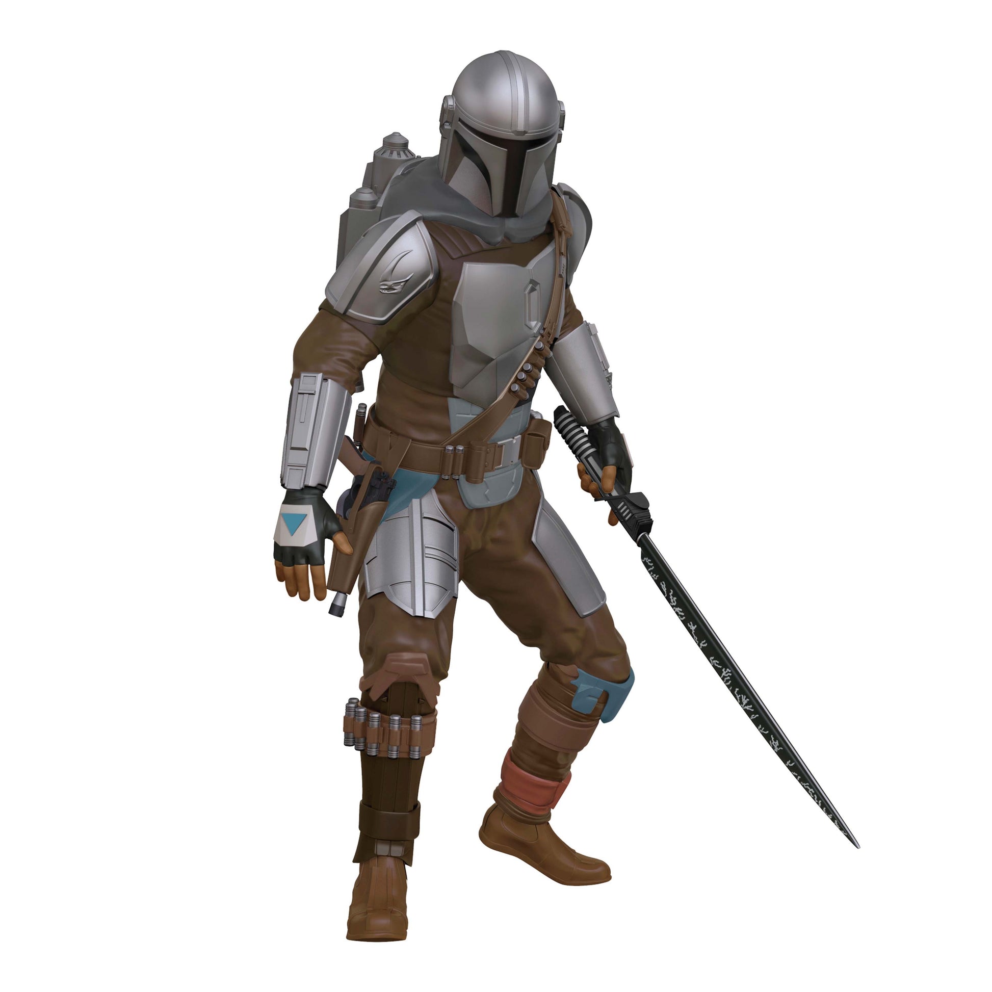 Star Wars™: The Mandalorian™ Wielding the Darksaber™ — Hallmark Keepsake Christmas Ornament in angled view, featuring Din Djarin with lightsaber.