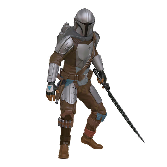 Star Wars™: The Mandalorian™ Wielding the Darksaber™ — Hallmark Keepsake Christmas Ornament in angled view, featuring Din Djarin with lightsaber.