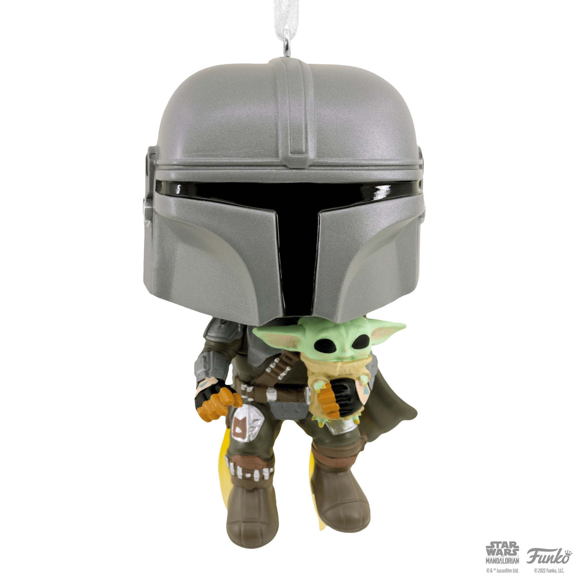 Hallmark Christmas Ornament (Star Wars™: The Mandalorian™ and Grogu™ Funko POP!) featuring Din Djarin holding Grogu, detailed design, flat lay.