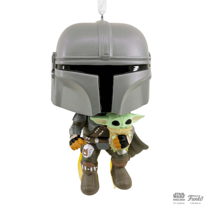 Hallmark Christmas Ornament (Star Wars™: The Mandalorian™ and Grogu™ Funko POP!) featuring Din Djarin holding Grogu, detailed design, flat lay.
