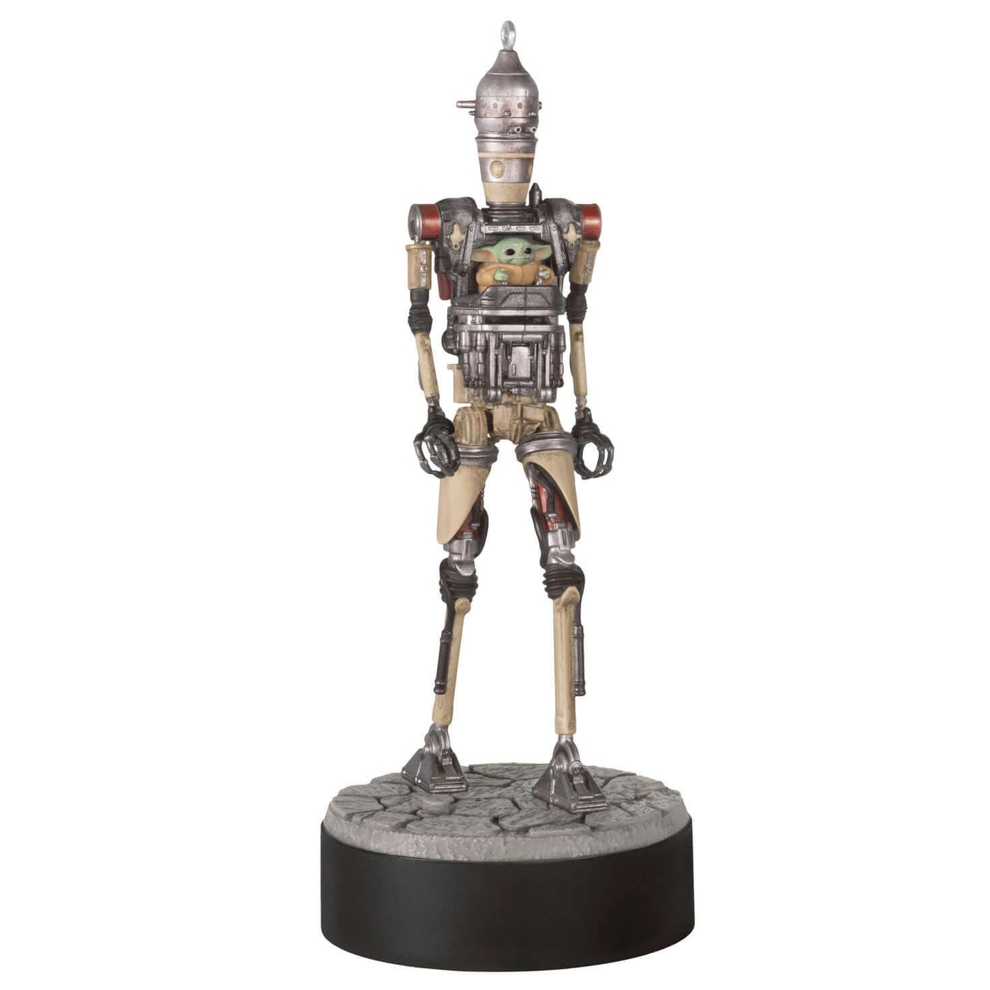 Star Wars™: The Mandalorian™ Grogu™ Operating IG-12™ Ornament With Sound — 2025 Hallmark Keepsake Christmas Ornament, detailed view on round base.