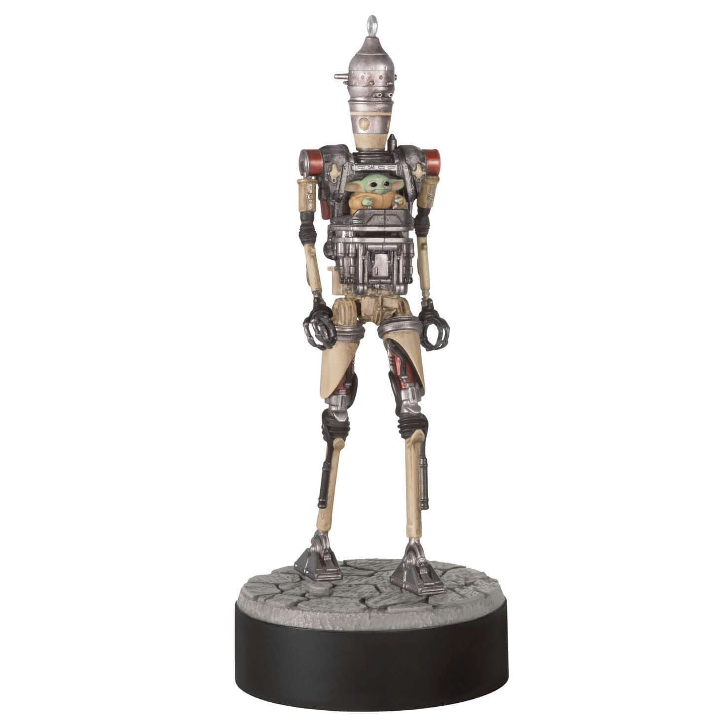 Star Wars™: The Mandalorian™ Grogu™ Operating IG-12™ Ornament With Sound — 2025 Hallmark Keepsake Christmas Ornament, detailed view on round base.