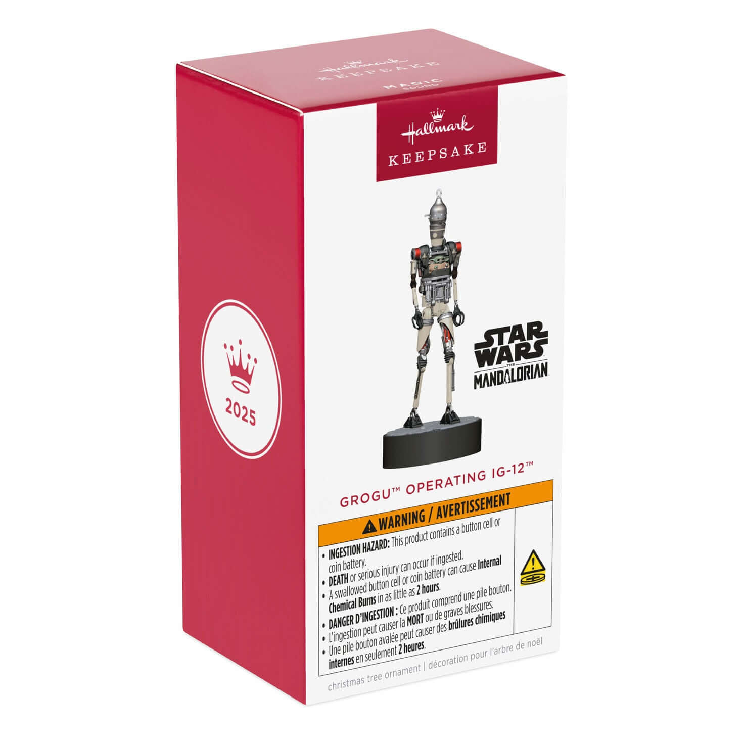 Star Wars™: The Mandalorian™ Grogu™ Operating IG-12™ Ornament With Sound — 2025 Hallmark Keepsake Christmas Ornament packaging view.