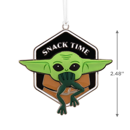 Hallmark Christmas Ornament - Star Wars™: The Mandalorian™ Grogu™ With Dimension Metal, colourful metal ornament featuring Grogu with a frog, close-up view.