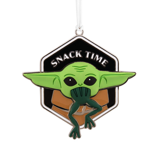 Hallmark Christmas Ornament - Star Wars™: The Mandalorian™ Grogu™ With Dimension Metal, colourful design featuring Grogu with a frog, hanging ornament.
