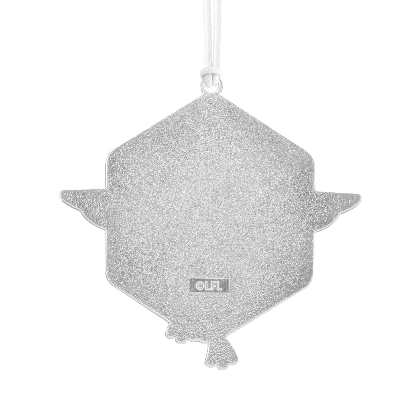 Hallmark Christmas ornament - Star Wars™: The Mandalorian™ Grogu™ With Dimension Metal, close-up view of shiny silver design.