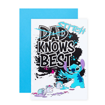 Hallmark Disney Stitch Father's Day Card - Stitch Knows Best, featuring colourful graphics, messy paint and a blue envelope.