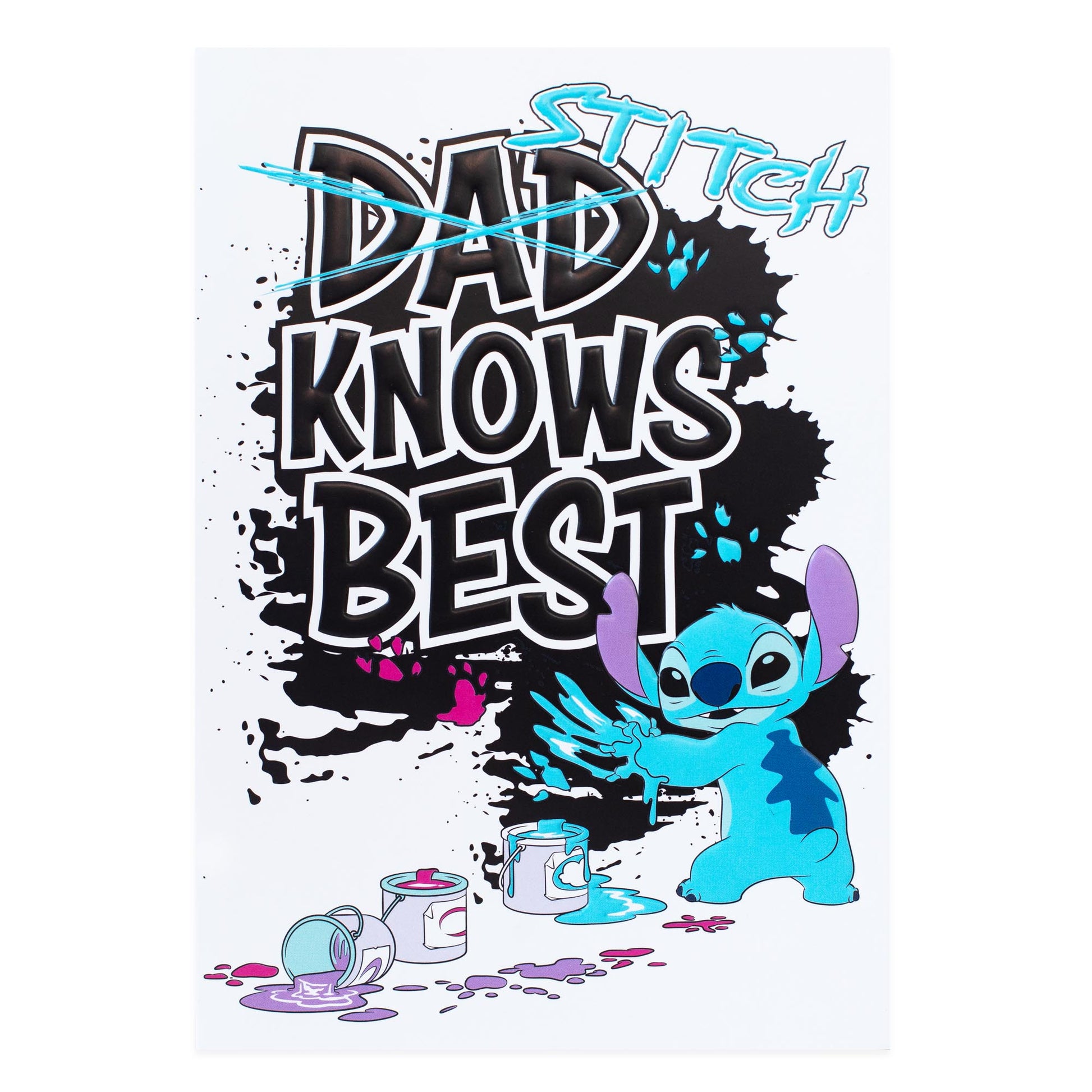 Hallmark Disney Stitch Father's Day Card - Stitch Knows Best featuring a vibrant illustration of Stitch covered in paint.