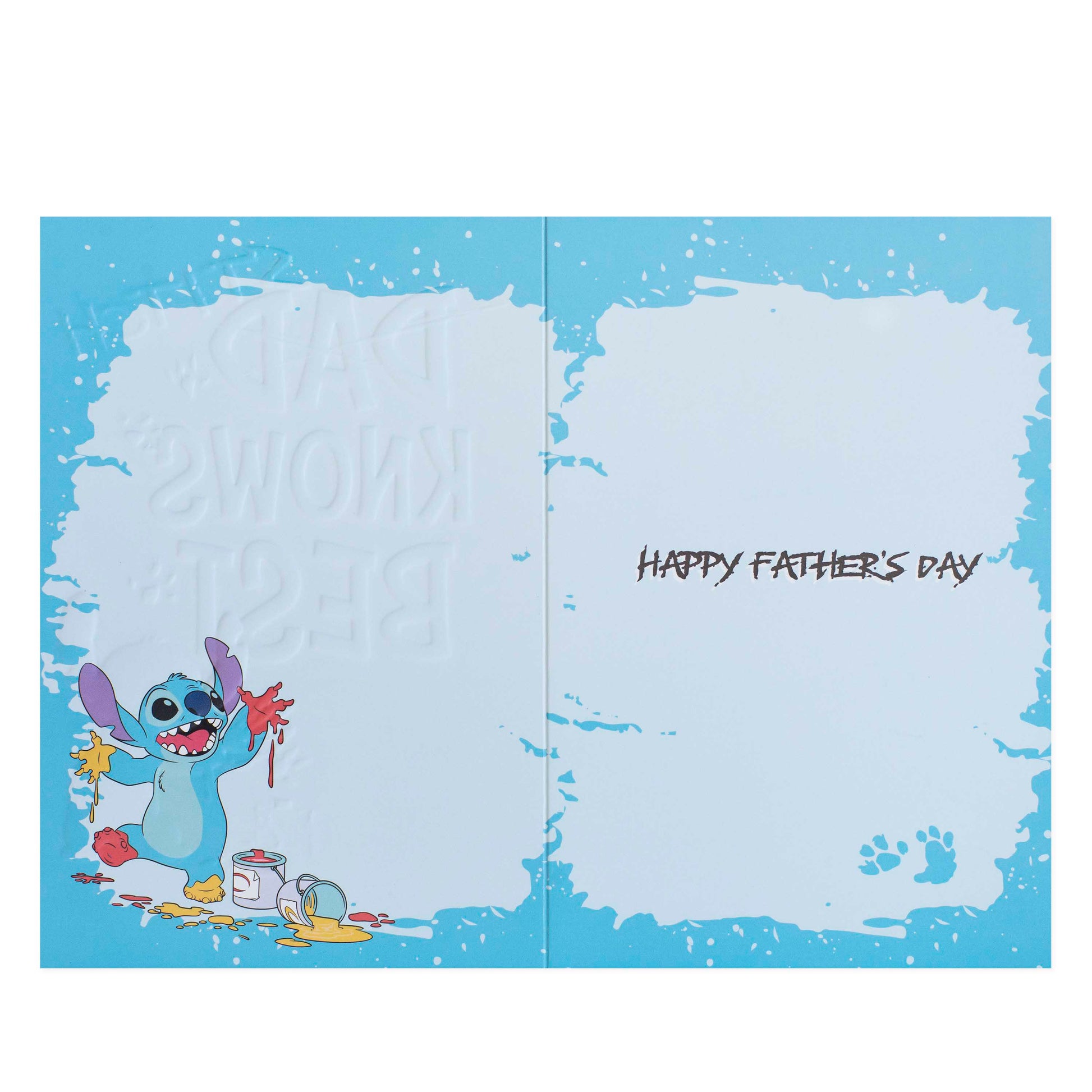 Hallmark Disney Stitch Father's Day Card - Stitch Knows Best, inside view with Stitch illustration and embossed message.