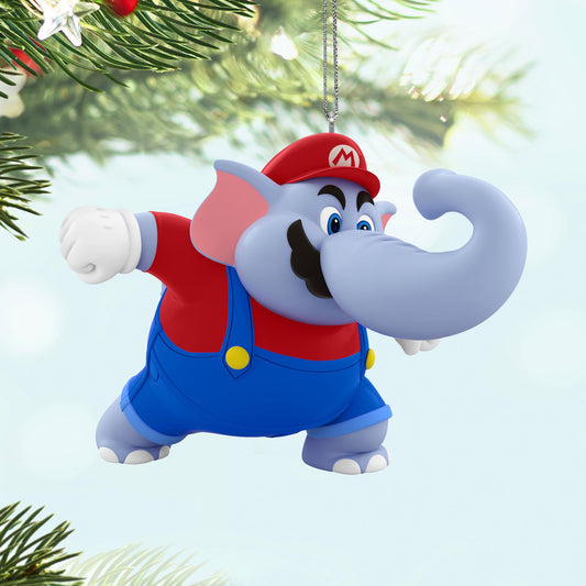 Super Mario™, Elephant Mario, 4th in the Powered Up With Mario Series — 2025 Hallmark Keepsake Christmas Ornament, close-up view with festive background.