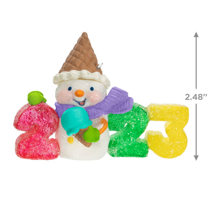Sweet Decade — Hallmark Keepsake Christmas Ornament, colourful gumdrop numbers with glittery snowman holding an ice cream cone, close up.