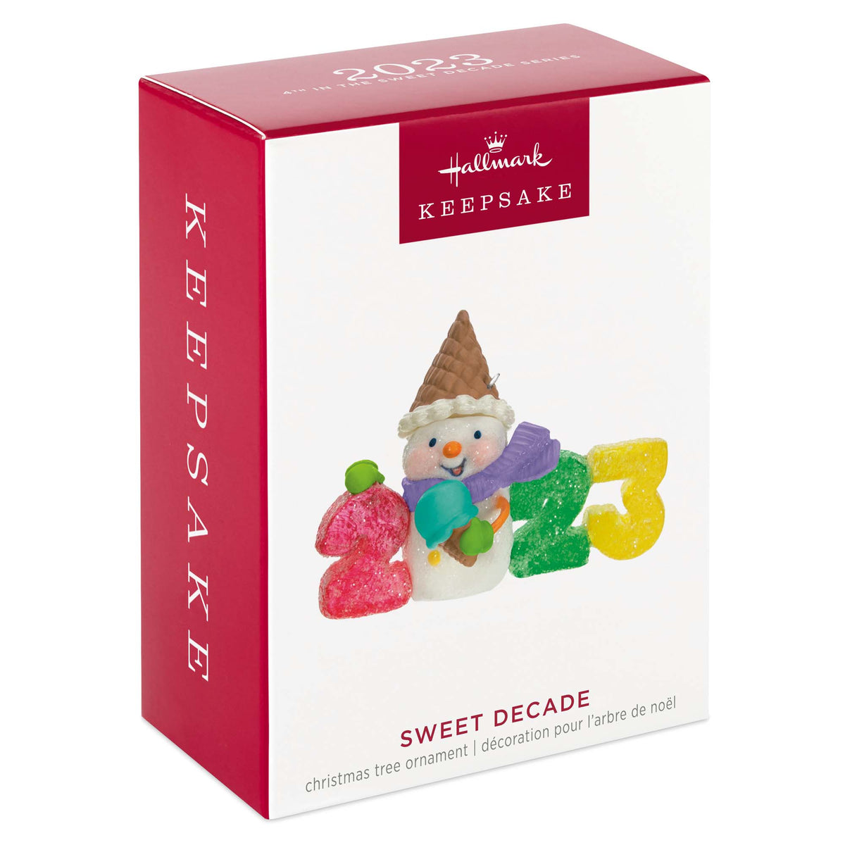 Sweet Decade — Hallmark Keepsake Christmas Ornament packaging with glittery snowman and gumdrop numbers for 2023.