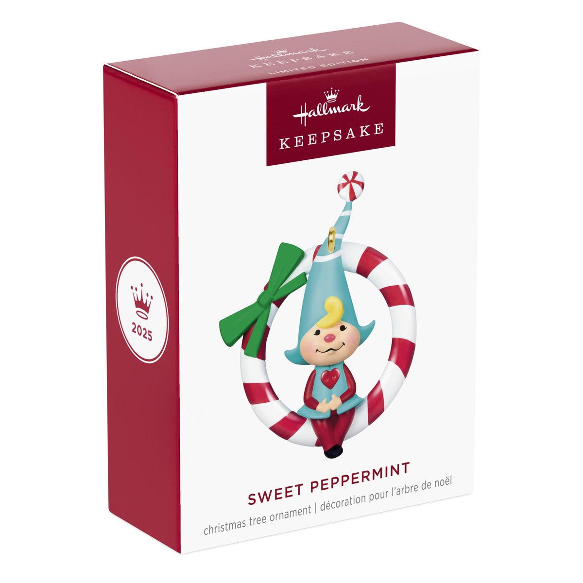 Sweet Peppermint — 2025 Hallmark Keepsake Christmas Ornament in festive packaging, featuring a gnome on a candy cane wreath.