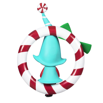 Sweet Peppermint — 2025 Hallmark Keepsake Christmas Ornament, gnome figure in a candy cane wreath with green bow, angled view