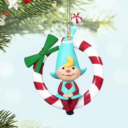 Sweet Peppermint — 2025 Hallmark Keepsake Christmas Ornament features a gnome in red and blue on a candy cane wreath.