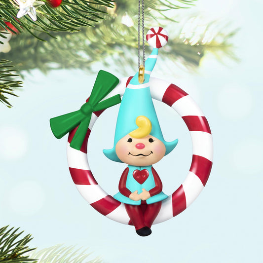 Sweet Peppermint — 2025 Hallmark Keepsake Christmas Ornament features a gnome in red and blue on a candy cane wreath.