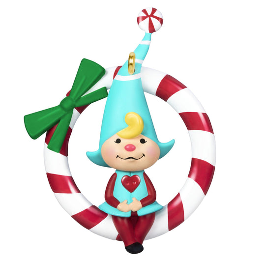 Sweet Peppermint — 2025 Hallmark Keepsake Christmas Ornament, colourful gnome figurine on a candy cane wreath with bow.