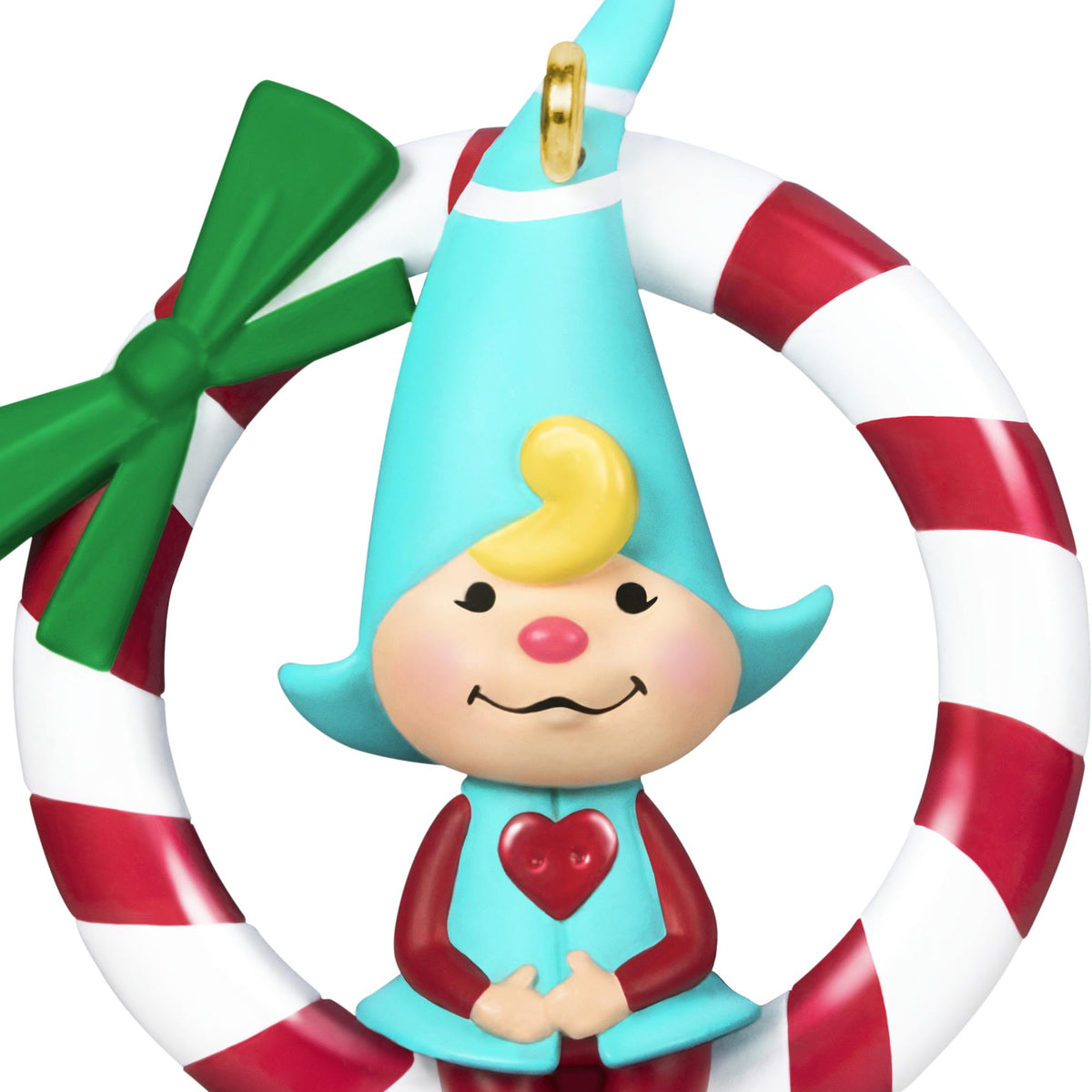 Sweet Peppermint — 2025 Hallmark Keepsake Christmas Ornament, cute gnome with blue hat on candy cane wreath, close up detail