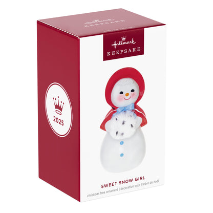 Sweet Snow Girl — 2025 Hallmark Keepsake Christmas Ornament in packaging with festive red and white design featuring a snow lady.