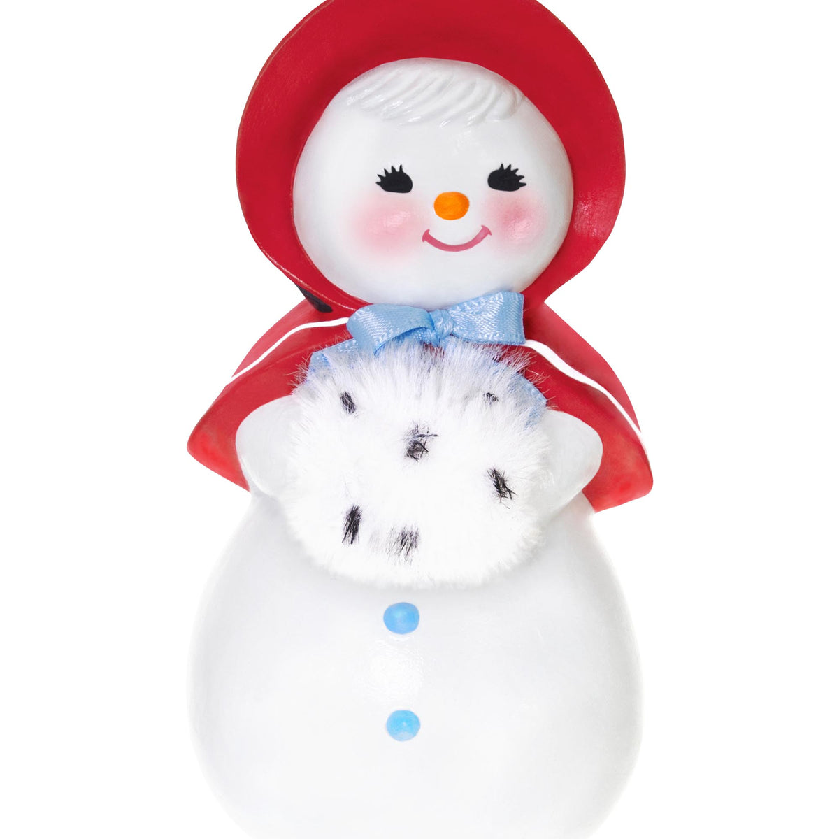 Sweet Snow Girl — 2025 Hallmark Keepsake Christmas Ornament featuring a snow lady in a red bonnet holding a fluffy white muff.