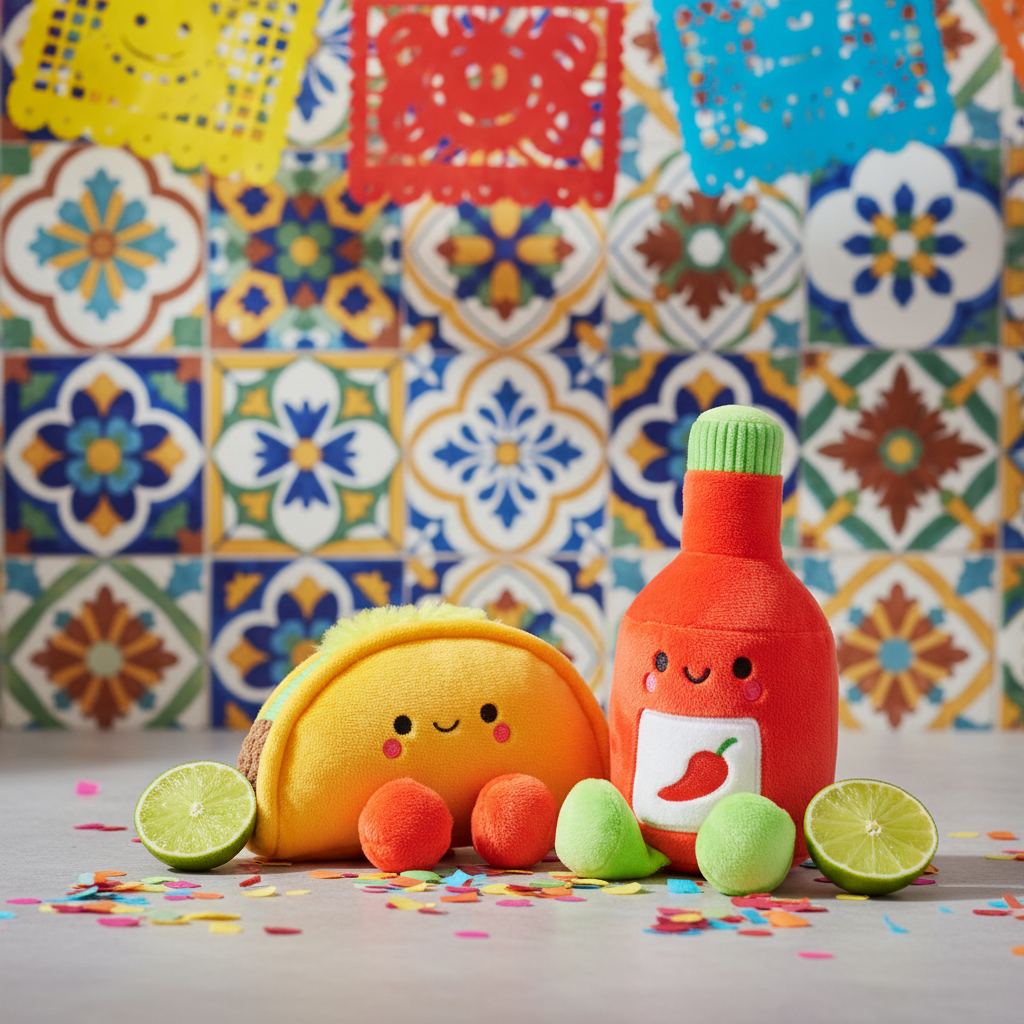 Taco and Hot Sauce Magnetic Plush – Better Together in bright colours, showcasing plush taco and hot sauce bottle, set against decorative tiles.