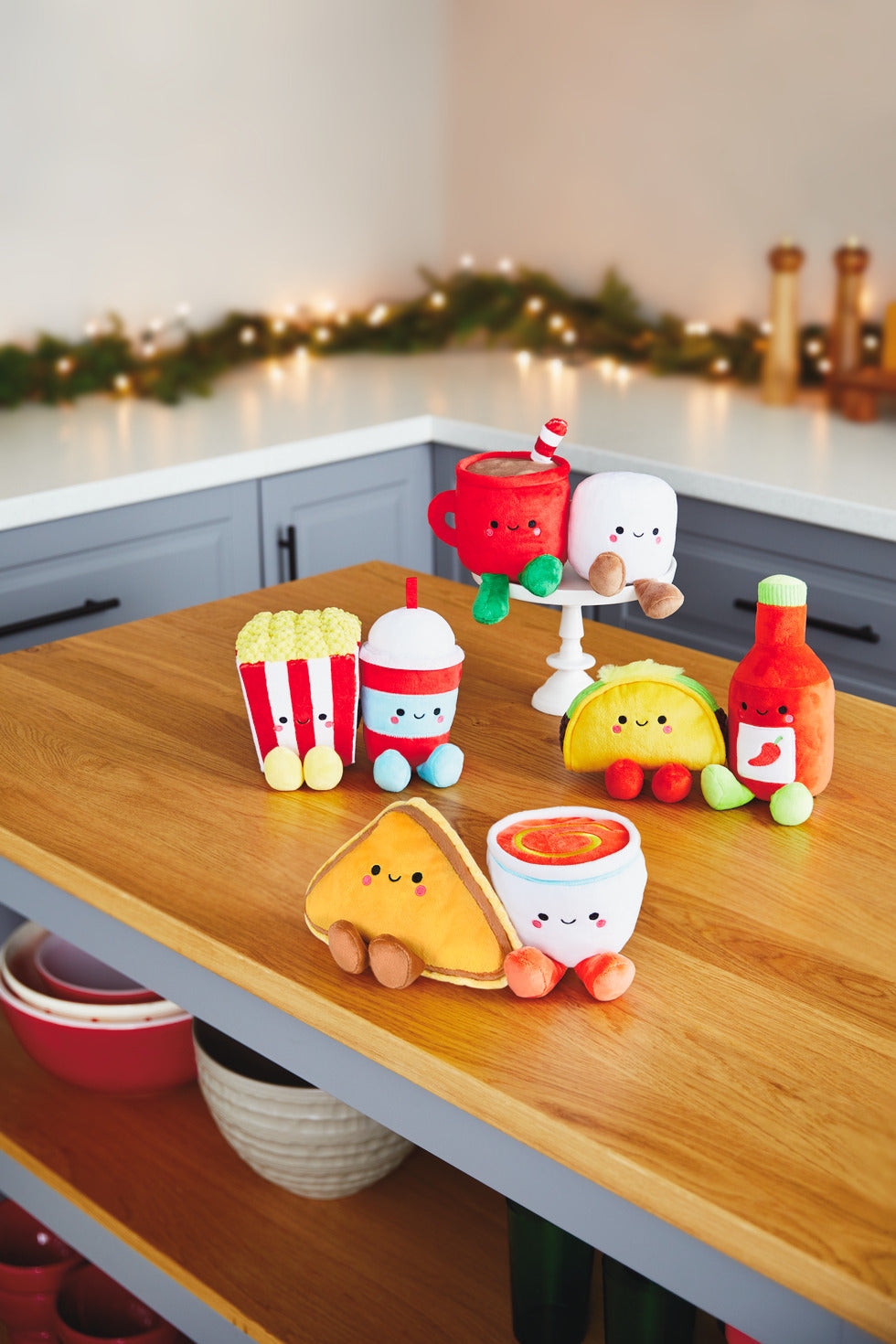 Taco and Hot Sauce Magnetic Plush – Better Together, colourful plush food characters in a bright kitchen setting, featuring cute embroidered details.