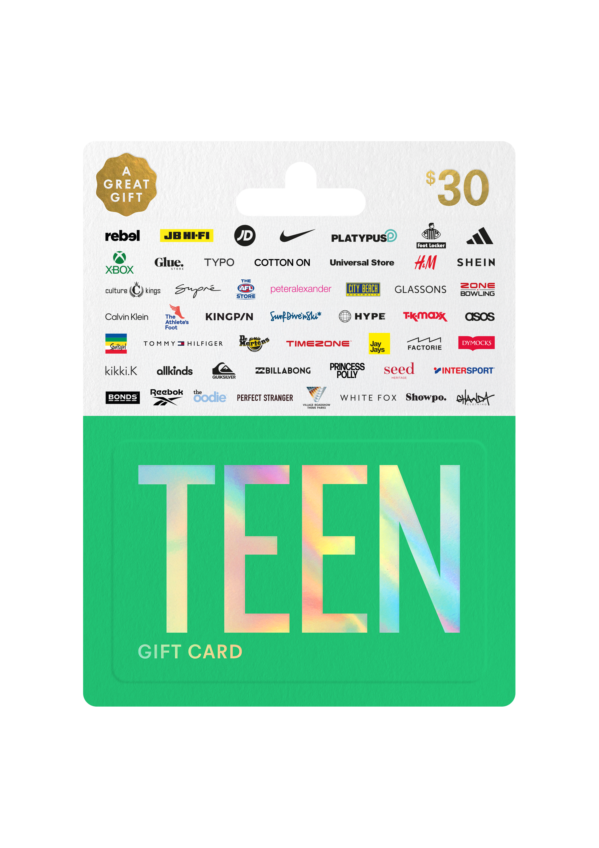 Green 'TEEN' gift card with brand logos on a white background