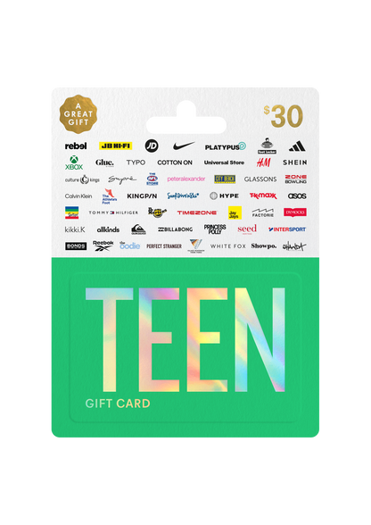 Green 'TEEN' gift card with brand logos on a white background