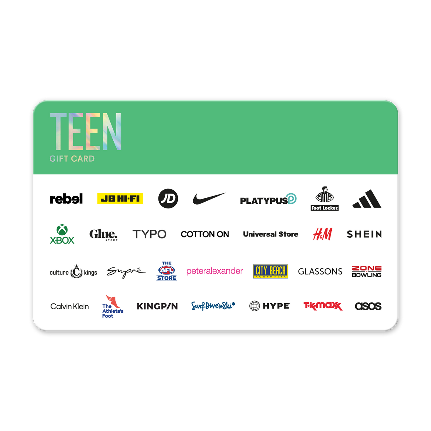 Gift card with multiple brand logos on a white background