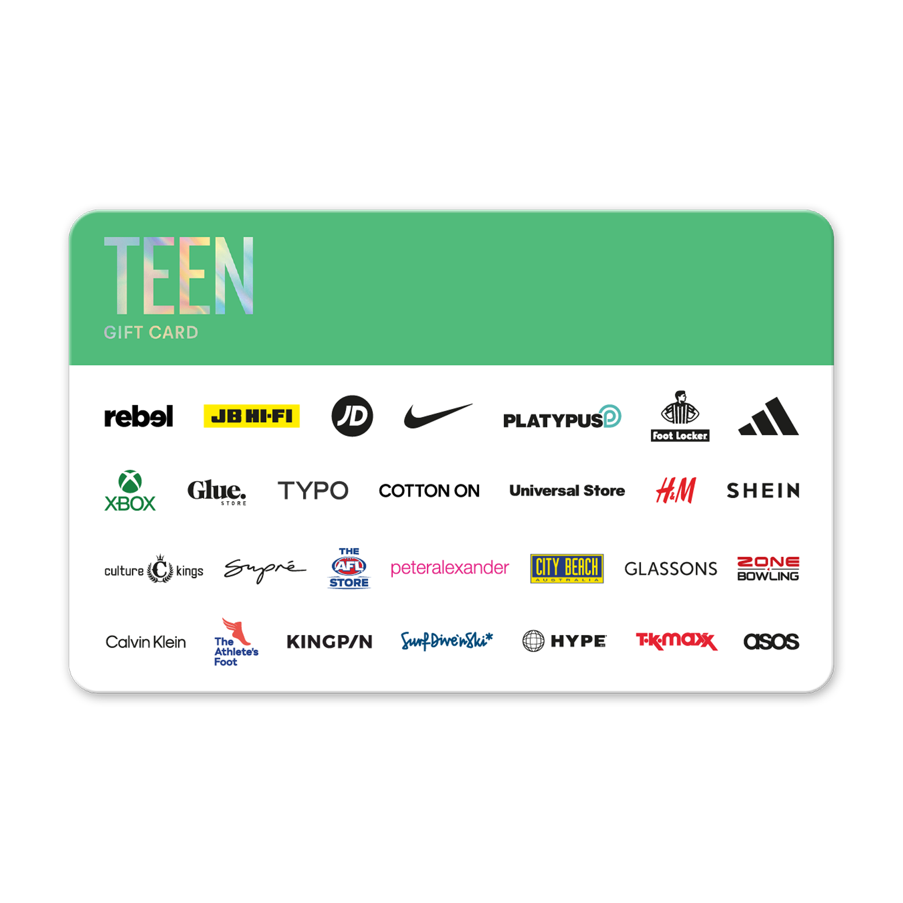 Gift card with multiple brand logos on a white background