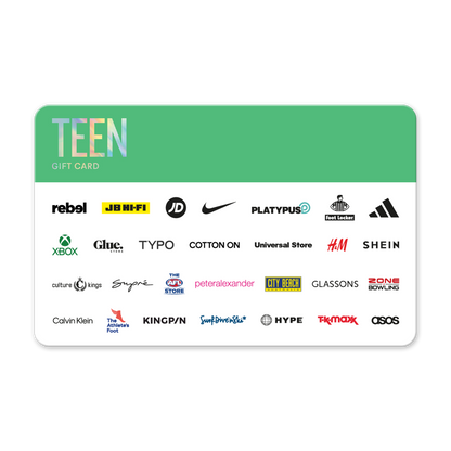 Gift card with multiple brand logos on a white background