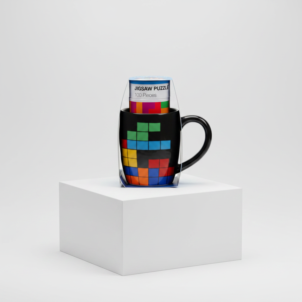 A black ceramic mug with a colorful Tetris puzzle design, shown with its clear plastic packaging standing inside it on a white display block against a light gray studio background.