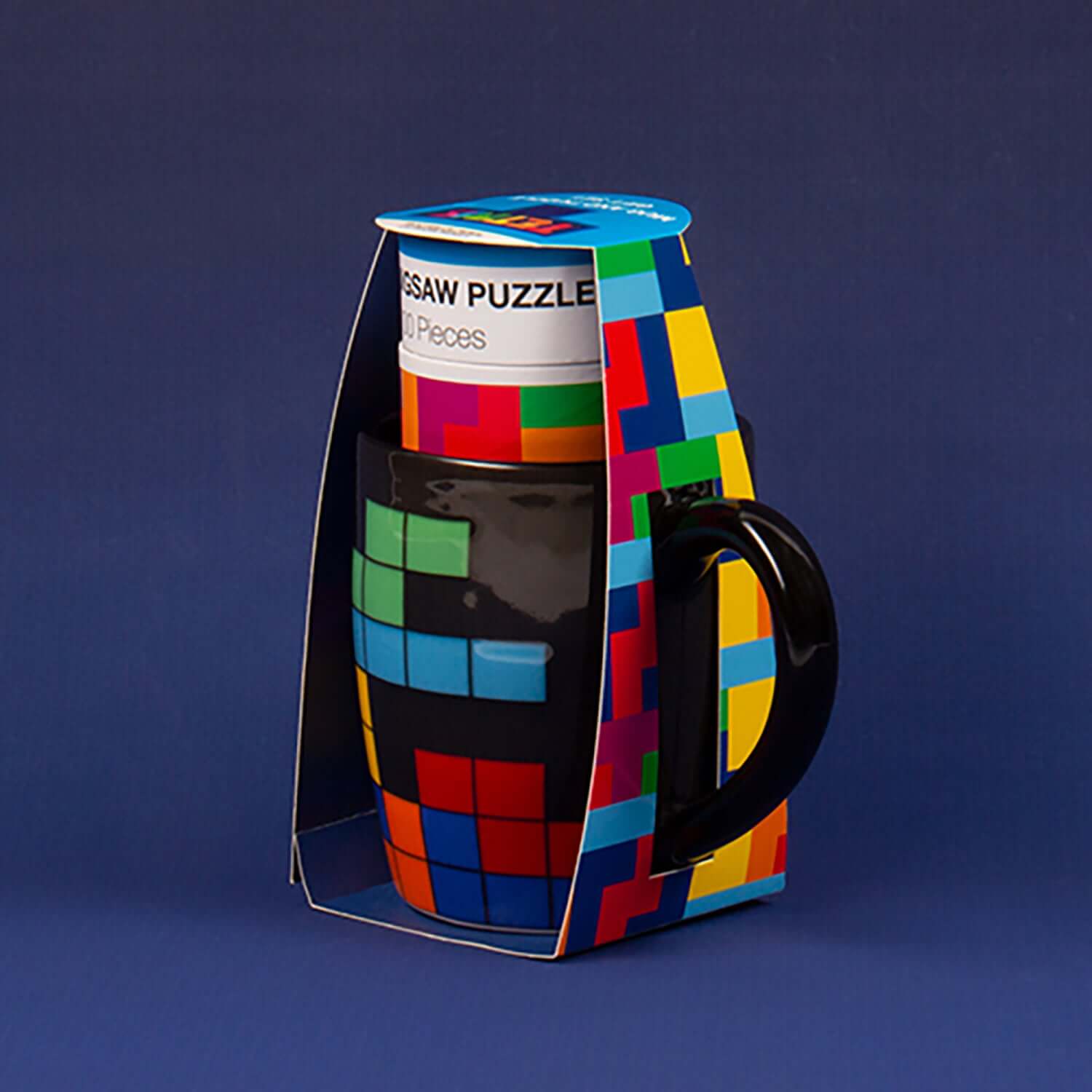 Tetris™ Mug and Puzzle in colourful packaging with black mug and puzzle lid in a gift-ready display.
