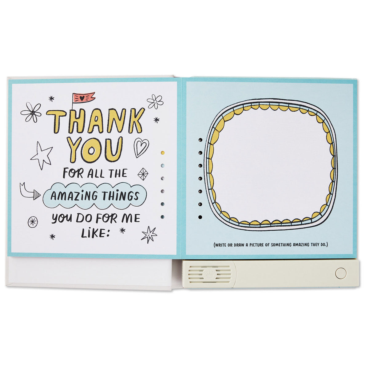 What I Love About You! A Color-Your-Own Recordable Storybook with colourful thank you message and blank drawing space inside.