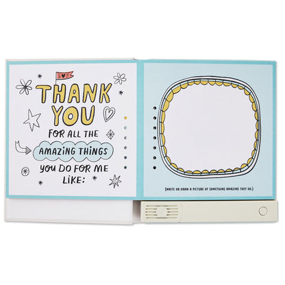 What I Love About You! A Color-Your-Own Recordable Storybook with colourful thank you message and blank drawing space inside.