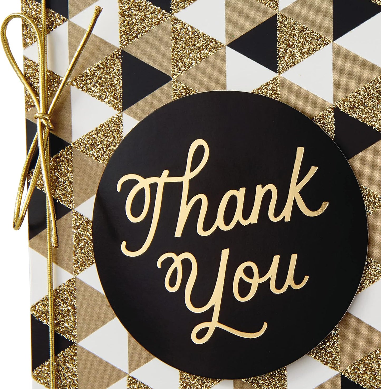 Hallmark Pack of 24 Handmade Assorted Boxed Greeting Cards with a thank you message, featuring gold glitter on geometric patterns, flat lay.