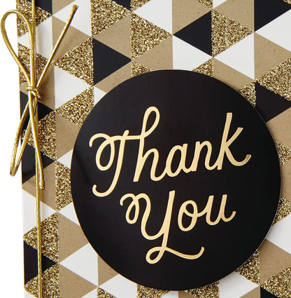 Hallmark Pack of 24 Handmade Assorted Boxed Greeting Cards with a thank you message, featuring gold glitter on geometric patterns, flat lay.