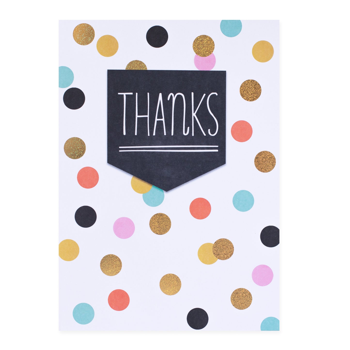 Hallmark Colossal Thank You Greeting Card - Colourful Spots featuring colourful spots and a bold 'THANKS' message on a white background.