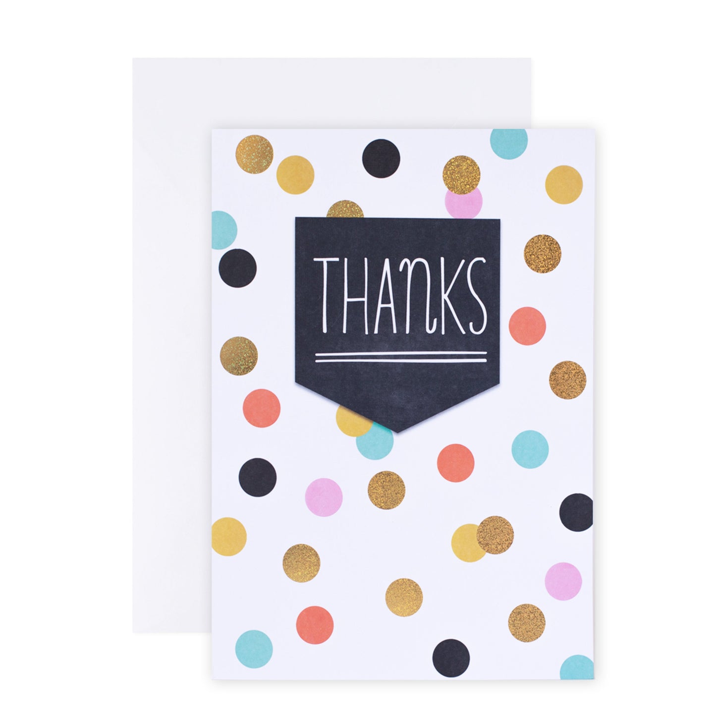 Hallmark Colossal Thank You Greeting Card - Colourful Spots with gold holographic dots and bright colours, angled view with envelope.