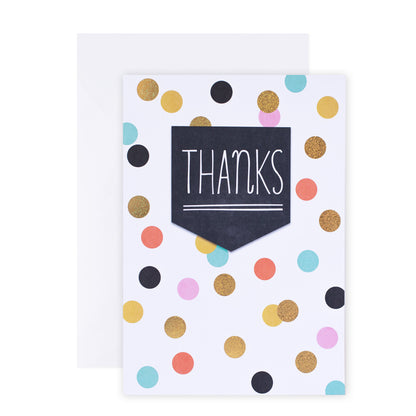 Hallmark Colossal Thank You Greeting Card - Colourful Spots with gold holographic dots and bright colours, angled view with envelope.